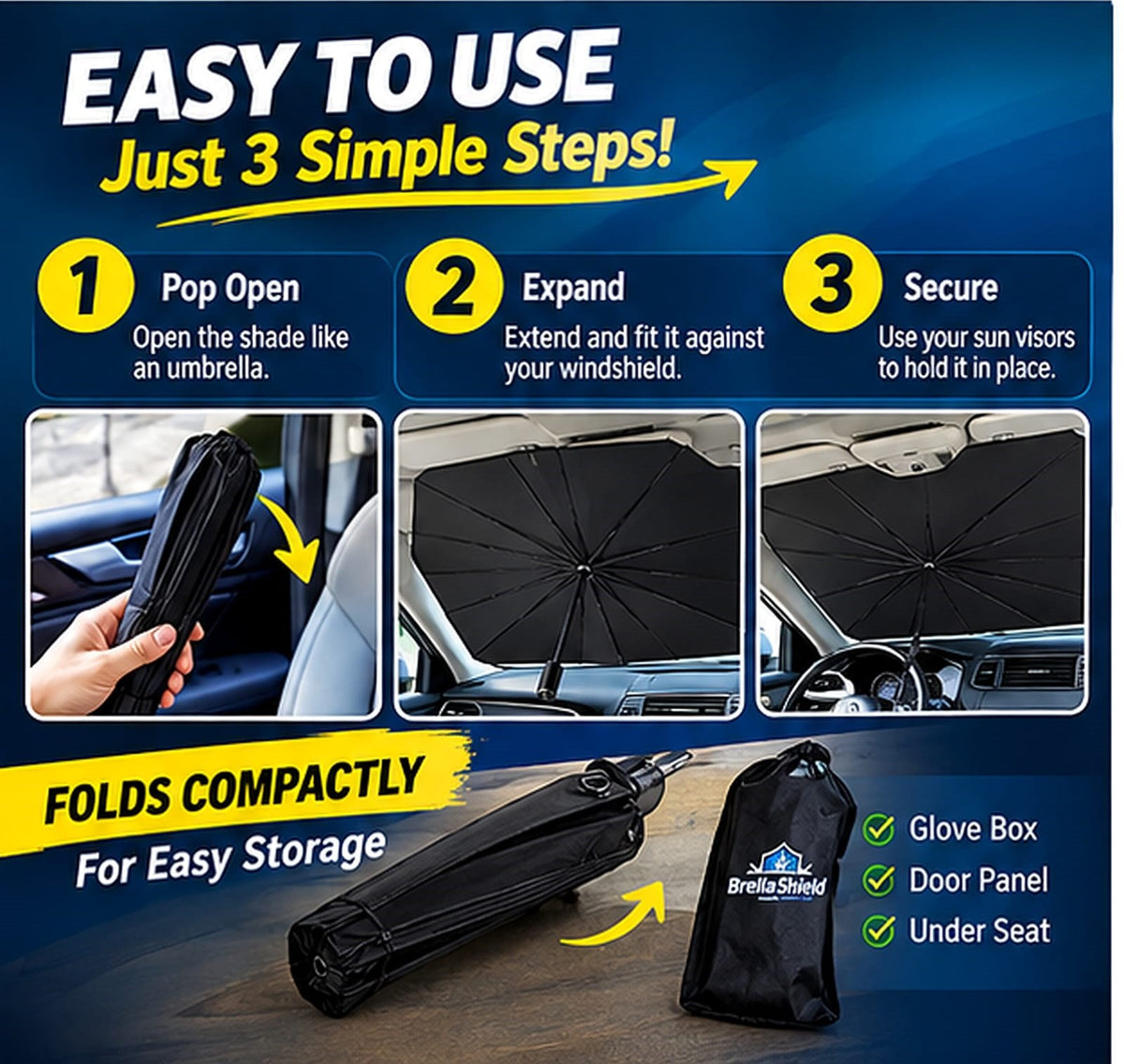 BrellaShield Car Windshield Sun Shade – Foldable Umbrella-Style Car Sunshade