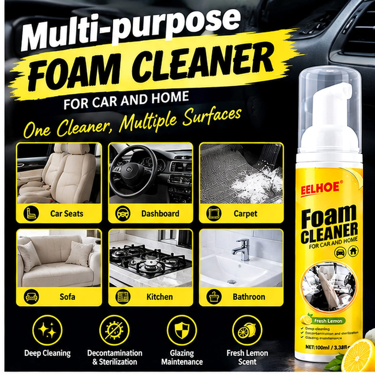 EELHOE Foam Cleaner 100ml – Multi-Purpose Car & Home Cleaning Foam, Fresh Lemon Scent